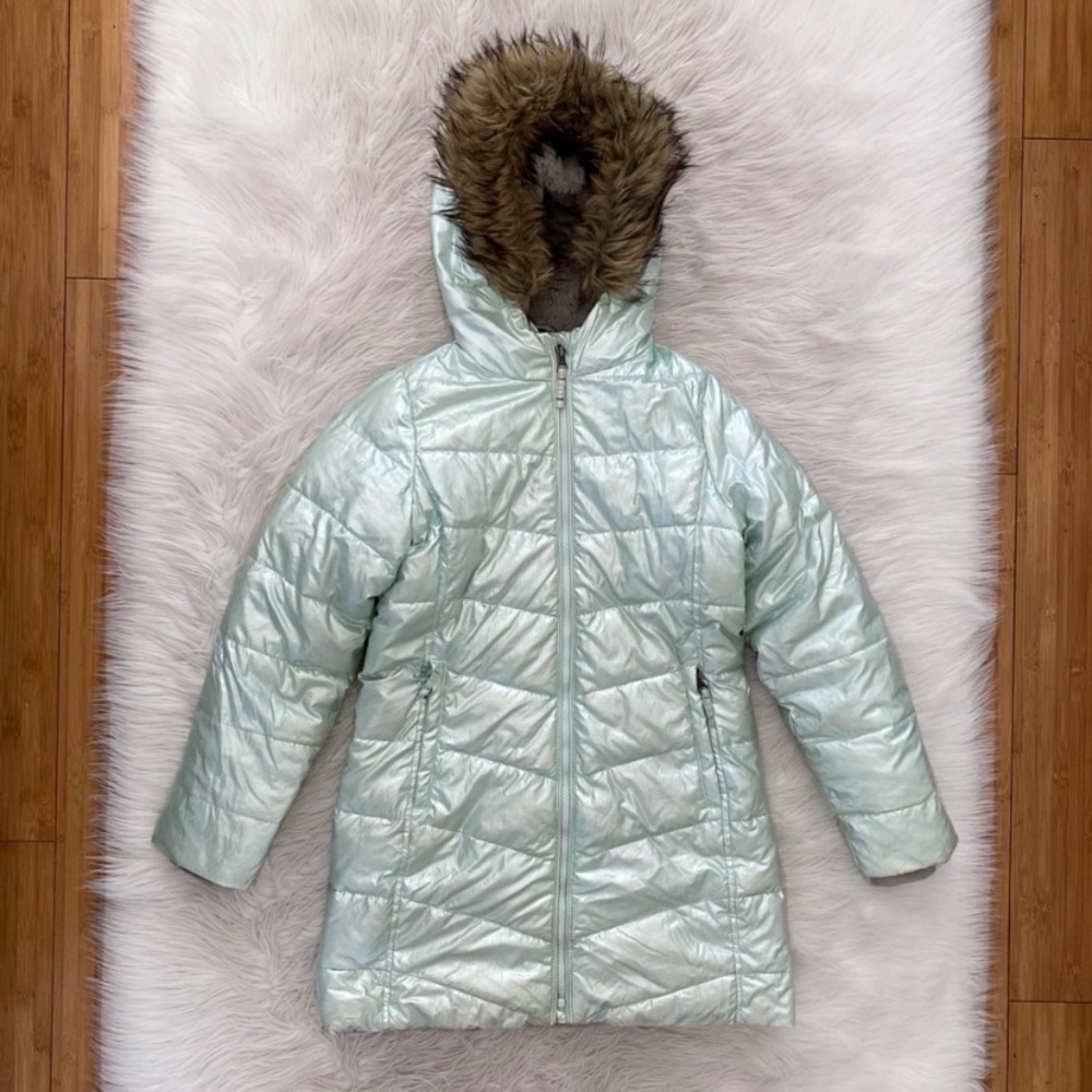 Lands' End Mint Green Metallic Foil Faux Fur Lined Long Puffer Coat Jacket 10-12